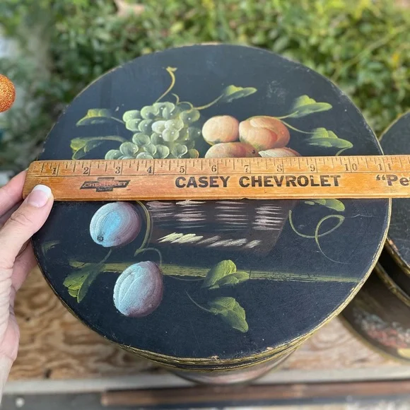 vintage black painted fruit floral 2 wood storage bins French Country primitive